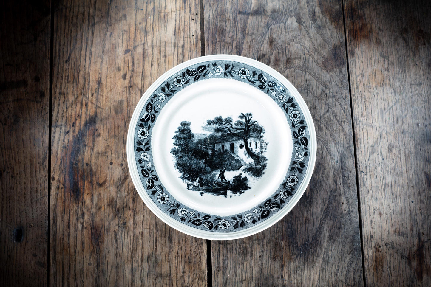 Rare Vintage Antique Elegant Ceramic Belgian Pottery Sepia Plate Bosh la Louviere Black and White Landscape Beautiful Details Perfect Gift