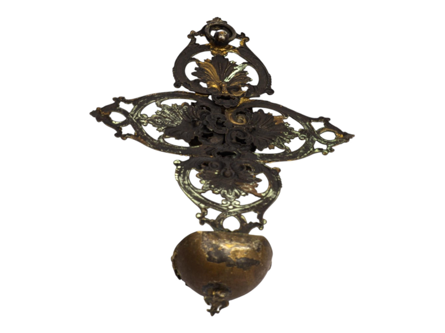 Antique French Holy Water Font Brass Wall Cross | Religious Bénitier | Sacred Heart Madonna & Child | Gilded Oratory Decor Catholic