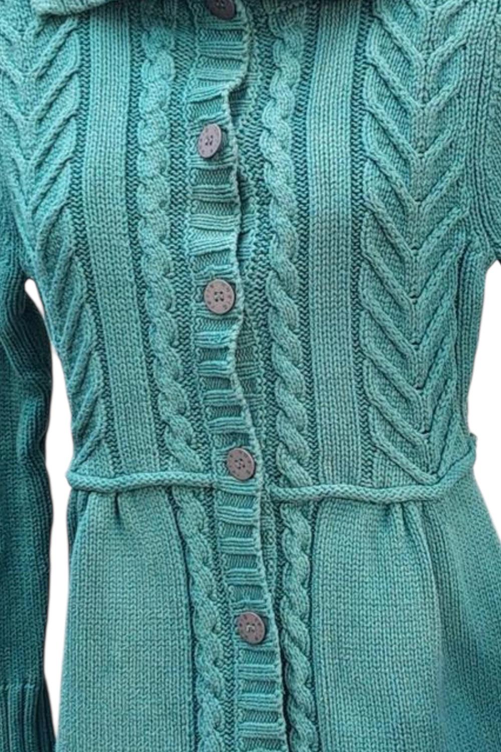 Vintage Coquette 100% Cotton Cable-Knit Cardigan Sea-Green/Teal Button Front High Collar Longline Waist Tie Best fits M y2k Fashionable Art