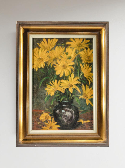Vintage Original Oil Painting Yellow Flowers in Black Vase Signed Floral Wall Art Rustic Home Decor Still Life Framed Artwork Boho Sunflower