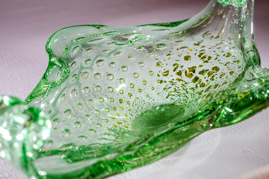 Rare Elegant Unique Vintage Green Art Glass Footed Bowl Pedestal Dish Mid Century Decorative Glassware Retro House Decor Gift for Collectors