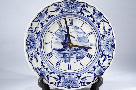 Vintage Rare Handmade Delft-Style Ceramic Clock Blue White Floral Border Windmill Scene Roman Numerals Wall House Decor Collectable Gift Art