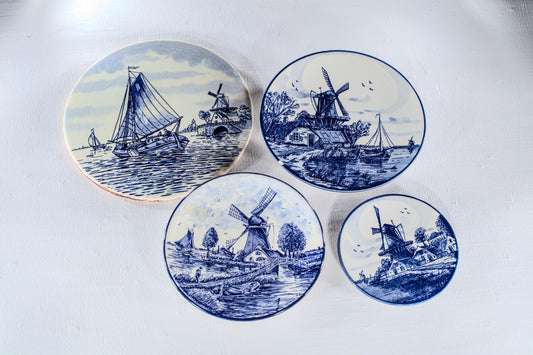 Set of 4 Vintage Delft Blue Plates: 3 Decorative Plates + 1 Wall Plate Holland Dutch Ceramic Art Home decor Perfect Gift Pottery