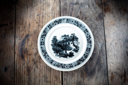 Rare Vintage Antique Elegant Ceramic Belgian Pottery Sepia Plate Bosh la Louviere Black and White Landscape Beautiful Details Perfect Gift