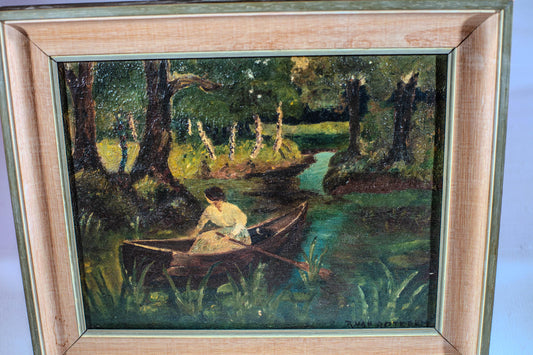Vintage Oil Painting River Woman in Rowboat Forest Scene Framed Original Art Signed Ryan Rustic Landscape Mid Century Wall Home Decor Boho