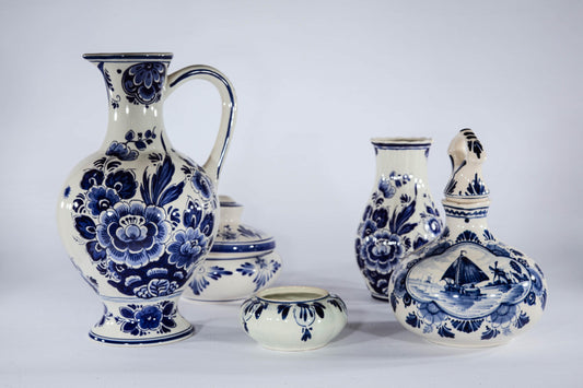 Vintage Delft Blue Pottery Set 5-Piece Hand-Painted Ceramic Decor Dutch Floral & Scenic Vases Jug and Trinket Dish 50s–70s Holland Gift Art