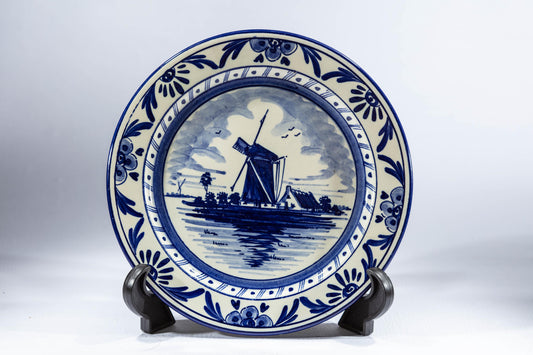 Vintage Delft-Style Blue White Ceramic Holland Plate Hand-Painted Windmill Scene, Collectible Dutch Home Decor Wall Art Perfect Gift Ceramic