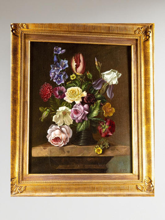 Vintage Original Floral Oil Painting Baroque Style Framed Art Romantic Flower Bouquet Signed H.Bals Classic Interior Home House Wall Decor