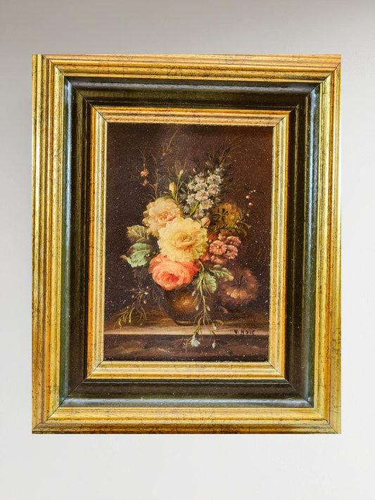 Vintage Floral Still Life Oil Painting by V. Hove Framed Flower Bouquet Wall Art Romantic Antique Style Home Decor Mid-Century Artwork Retro