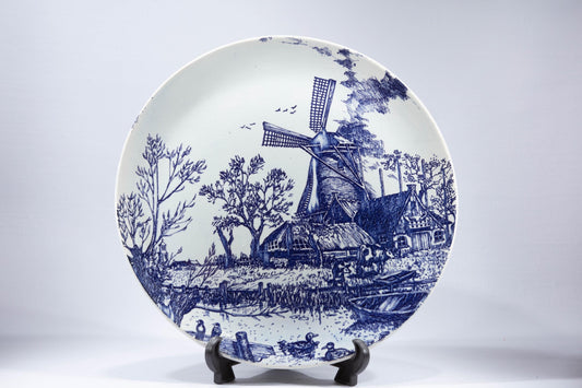 Vintage Delft Blue Big Plate Dutch Windmill Scene Hand-Painted Ceramic Wall Home Decor Holland White Decorative Platter Collectable Gift Art