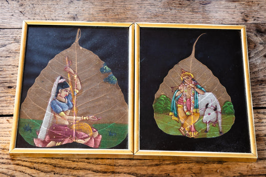 Vintage Indian Hand-Painted Peepal Tree Leaf Art Framed Traditional Paintings Collectible Ethnic Home Wall Room Decor Rare Perfect Gift