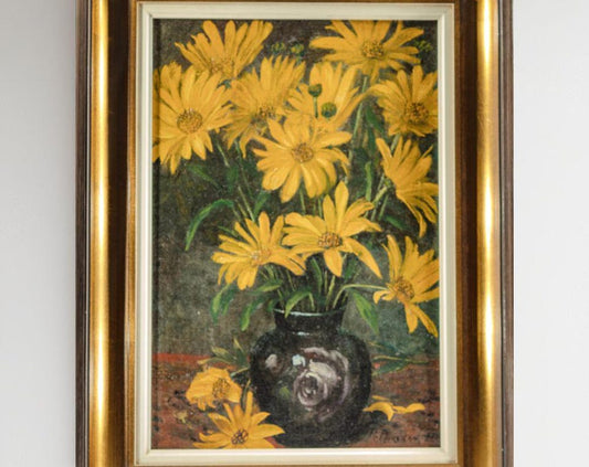 Vintage Original Oil Painting Yellow Flowers in Black Vase