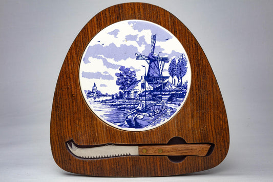 Delft Blue Ceramic Cutting Board with Knife Dutch Holland Cheese Board Vintage Kitchen Decor Landscape Elegant Home Collectable Gift 1960s