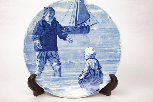Vintage Delft Blue Dutch Plate Boy and Girl by the Sea with Sailboat Hand Painted Holland Wall Art Nautical Collectible Home Decor Gift Art