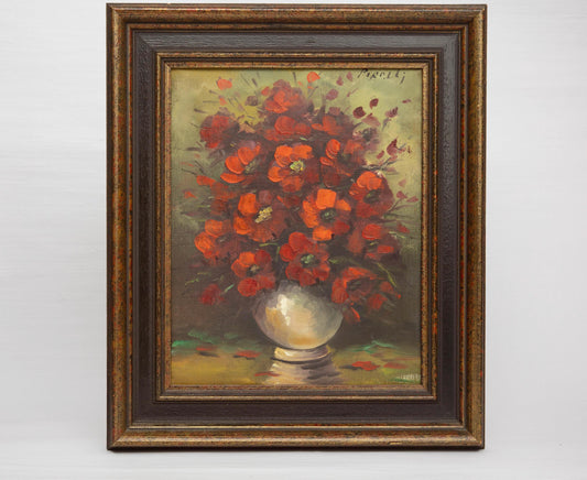 Vintage Old Floral Still Life Painting Original Oil Signed by Pirelli Framed Wall Art Red Flowers in Vase Nature Home Decor Perfect Gift ART