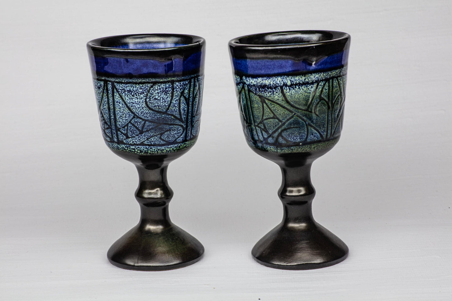 Vintage Ceramic Goblets Set of 2 Handcrafted Pottery Chalices Blue Green Glazed Wine Glass Boho Retro Tableware Drink Cocktail Retro 1970s