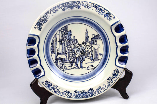 Vintage Delft Blue Style Ceramic Ashtray with City Scene Holland Dutch Pottery Collectible Home Kitchen Decor Retro City Scene Ceramic Rare