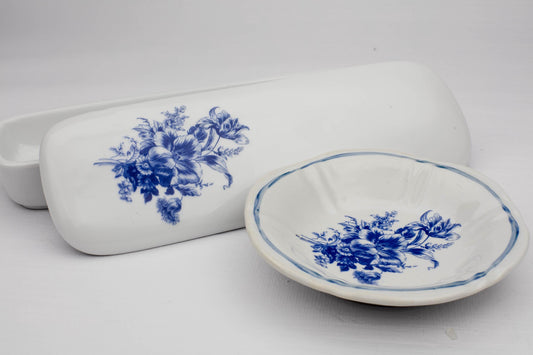 Matching Delft Blue Ceramic Set Floral Plate Trinket Box Hand-Painted Dutch Pottery Vintage Blue Home Kitchen Decor Collectable Ceramic Art
