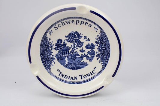 Vintage Schweppes Indian Tonic Ashtray French Ceramic Blue & White Barware Retro Bistro Cafe Home Bar Decor 1970s Cigarettes Smoking Gift