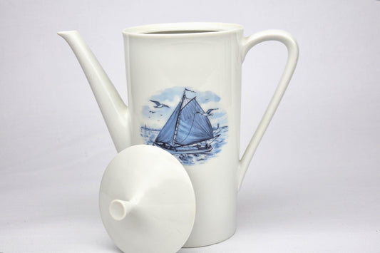 Vintage Bavarian Porcelain Jug Hand-Painted German Pitcher Antique White Bue Vase Elegant European Home Decor Boat on Sea Teapot Collectable