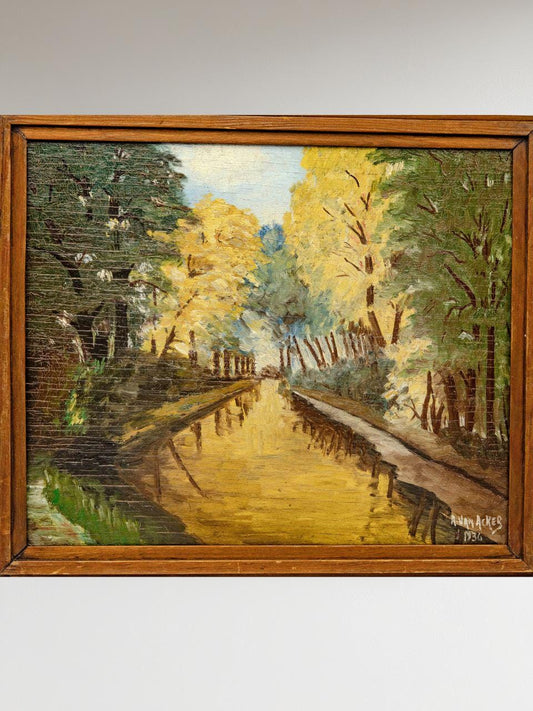Vintage 1936 Antique Forest River Landscape Painting on Board Original Nature Artwork Woodland Scene Rustic Home Salon Wall Decor Old Gift