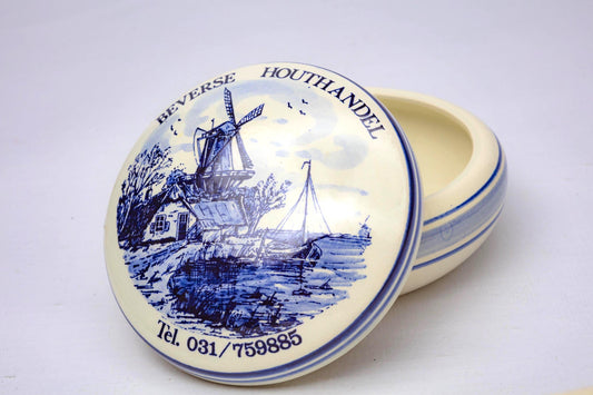 Vintage Dutch Delft Blue Windmill Trinket Jewelery Box Hand-Painted Ceramic Lidded Holland Souvenir Netherlands Gift Home Decor Jar White