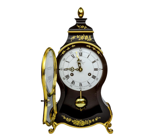 Vintage Palace Royal French Antique Mantel Clock Ornate Black & Gold Decoration Floral Baroque Design 1980s Home Decor Piece Rococo Elegant