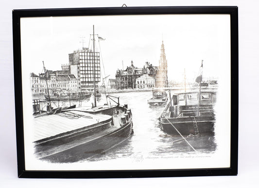 Vintage Belgium Art Prints Set of 2 Cathedral Harbor Scene Monochrome Belgian Citys Landscape Wall Art Framed European Decor Antwerp 1970s