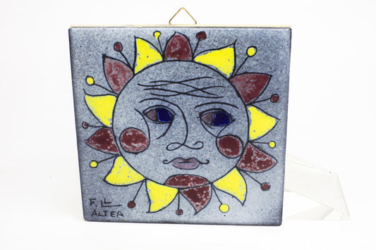Vintage Spanish Sun Face Ceramic Wall Tile F.L. Altea Hand-Painted Mid Century Art Pottery Decor Mediterranean Wall Hanging Home Spiritual