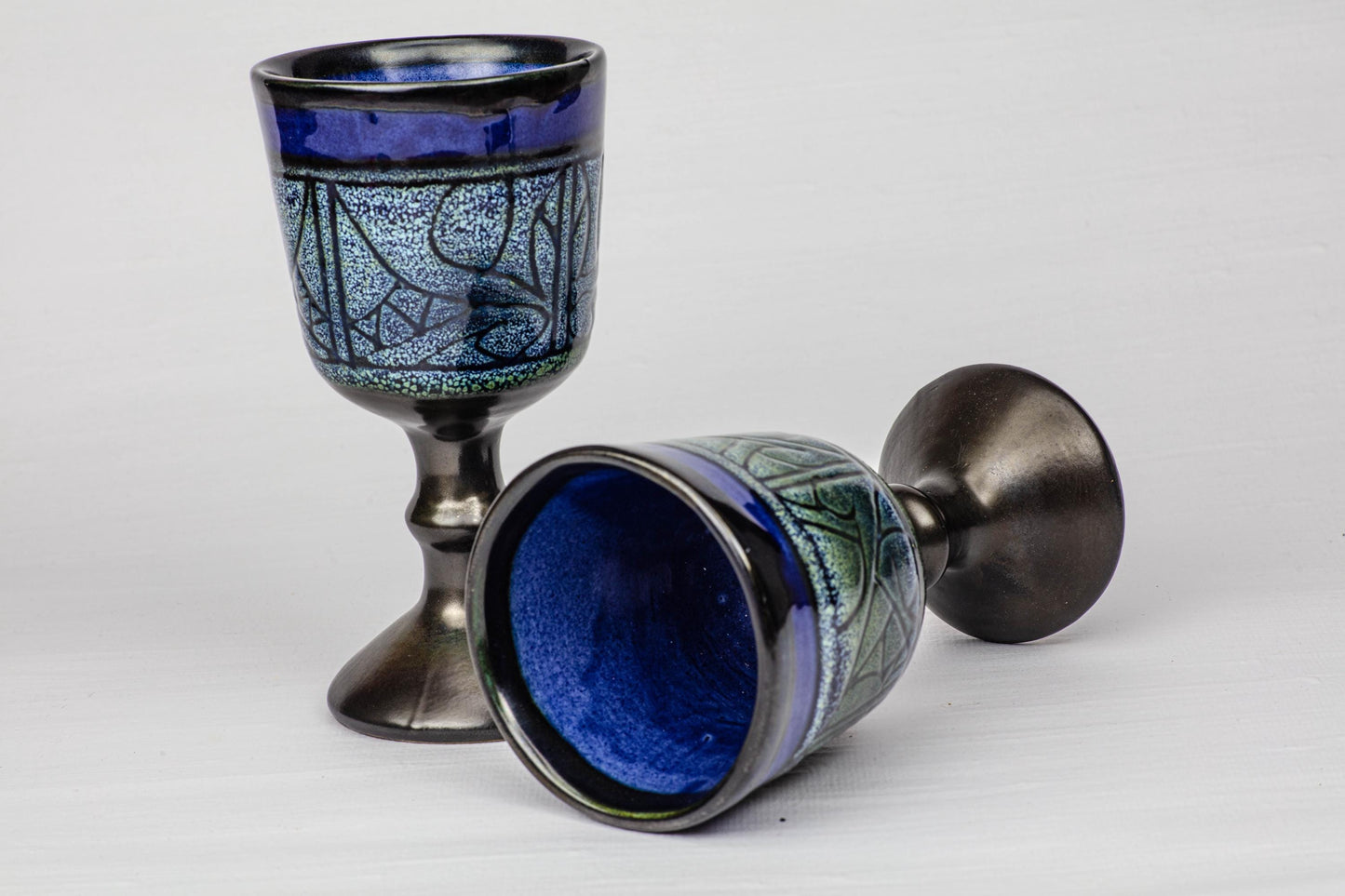 Vintage Ceramic Goblets Set of 2 Handcrafted Pottery Chalices Blue Green Glazed Wine Glass Boho Retro Tableware Drink Cocktail Retro 1970s