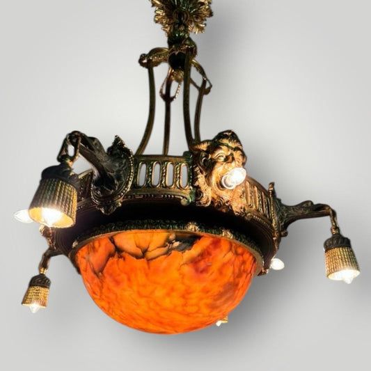 Rare Antique Chandelier with Mythological Figures & Fiery Alabaster Dome Art Nouveau French Orange Ceiling Light Luxury Home Decor Statement