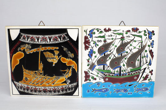 Set of 2 Vintage Greek Decorative Ceramic Tiles Mediterranean Wall Art Traditional Handmade Pottery Decor Blue White Design Rodos Home Art