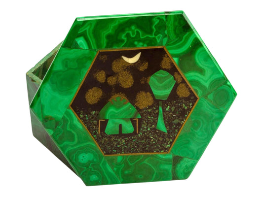 Vintage Malachite Inlay Box with Abstract Mosaic Art Green Gemstone Jewelry Trinket Box Decorative Gift, 1980s USSR Fashion Home Decor Art