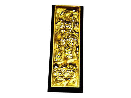 Antique Chinese Gilt Wood Carving Hand-Carved Panel Asian Wall Art Ornate Gold Temple Fragment Vintage Oriental Spiritual Elegant Home Decor