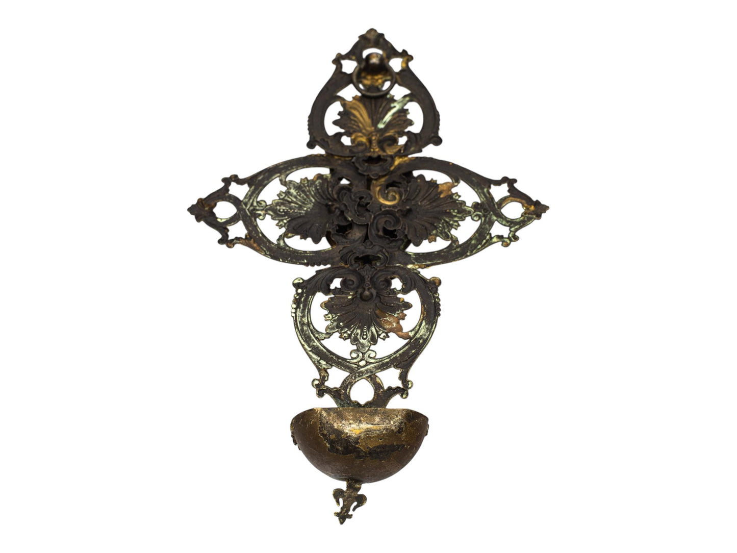 Antique French Holy Water Font Brass Wall Cross | Religious Bénitier | Sacred Heart Madonna & Child | Gilded Oratory Decor Catholic