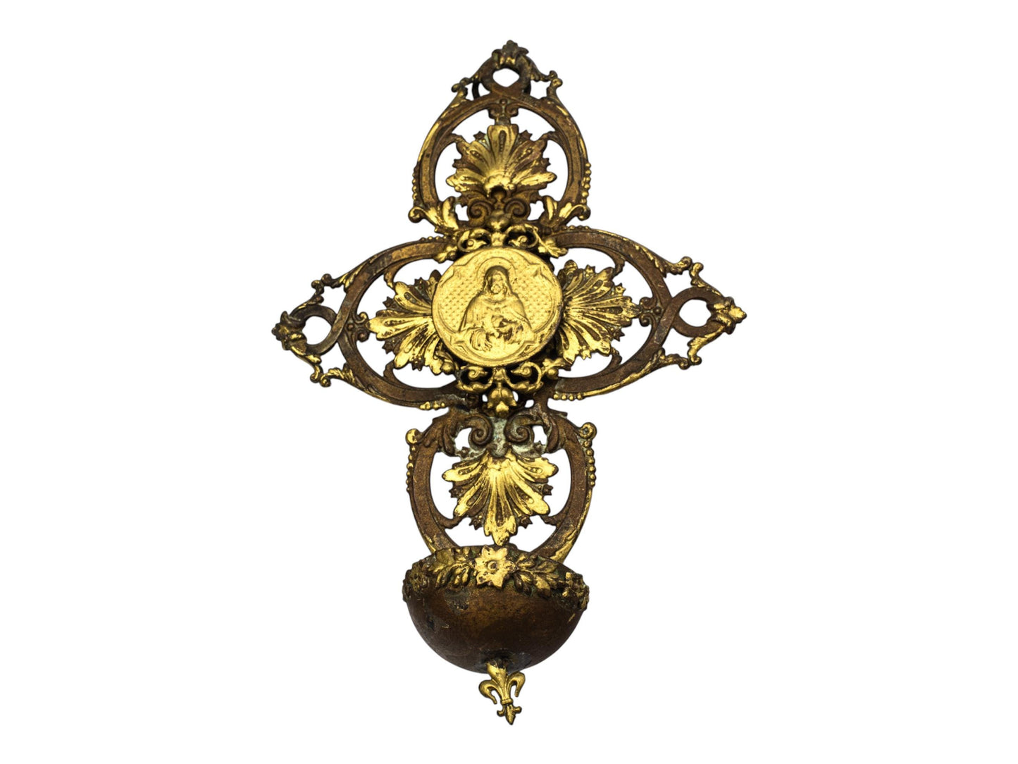 Antique French Holy Water Font Brass Wall Cross | Religious Bénitier | Sacred Heart Madonna & Child | Gilded Oratory Decor Catholic
