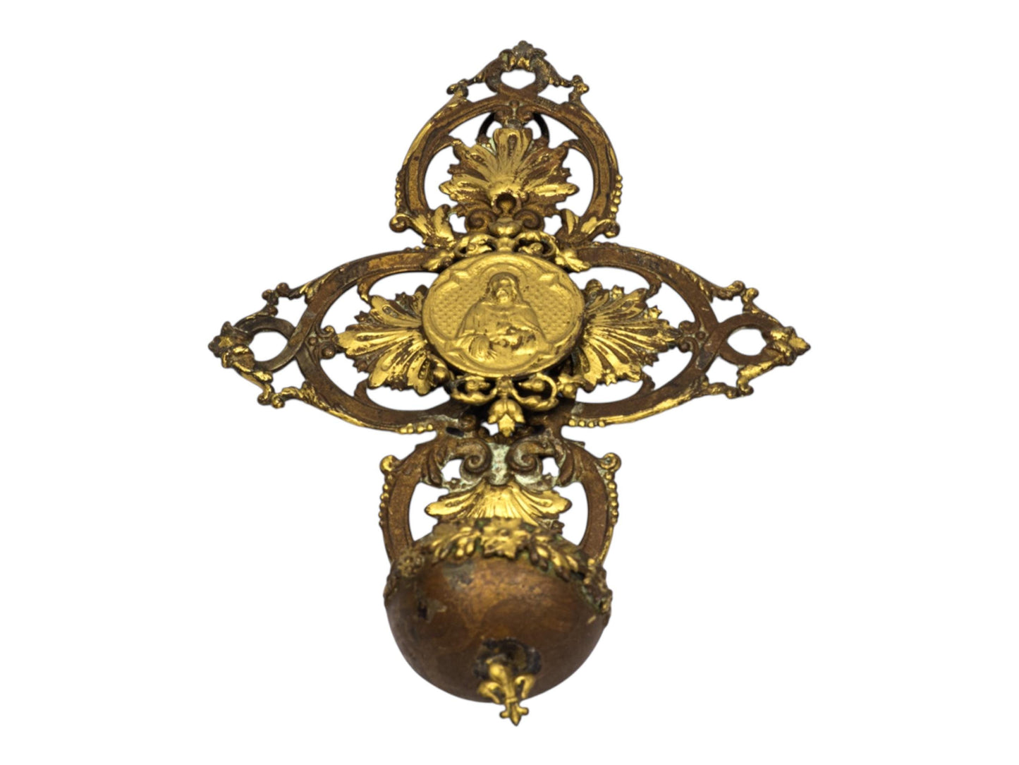 Antique French Holy Water Font Brass Wall Cross | Religious Bénitier | Sacred Heart Madonna & Child | Gilded Oratory Decor Catholic