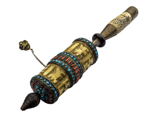 Vintage Tibetan Prayer Wheel Handheld Brass, Wood & Gemstone Inlay Ritual Buddhist Decor Handmade Spiritual Artifact Home Art Religious