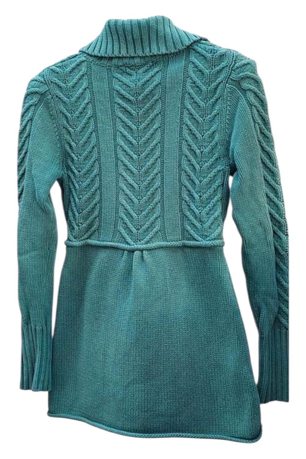 Vintage Coquette 100% Cotton Cable-Knit Cardigan Sea-Green/Teal Button Front High Collar Longline Waist Tie Best fits M y2k Fashionable Art