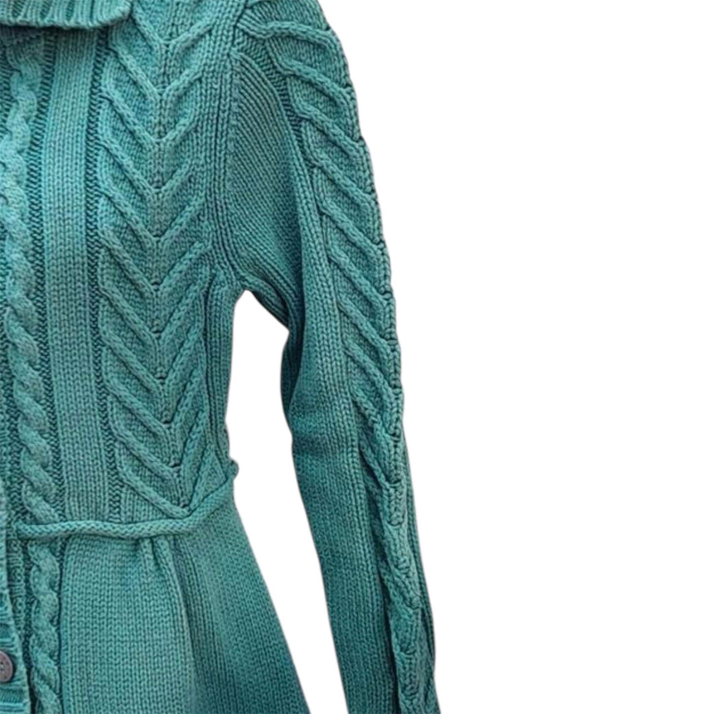 Vintage Coquette 100% Cotton Cable-Knit Cardigan Sea-Green/Teal Button Front High Collar Longline Waist Tie Best fits M y2k Fashionable Art