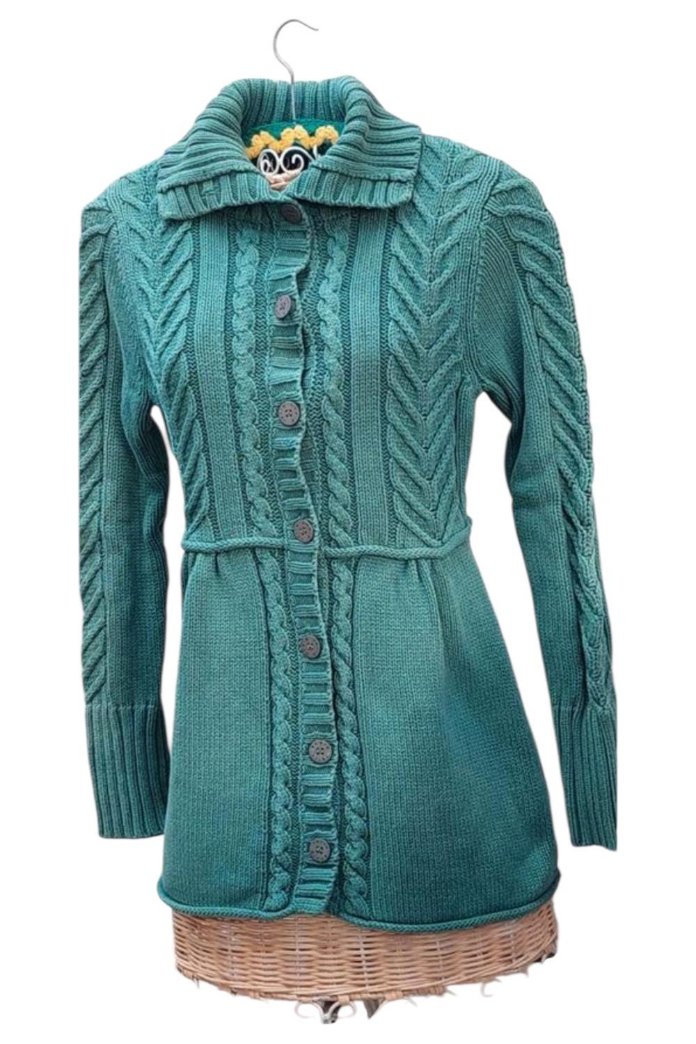 Vintage Coquette 100% Cotton Cable-Knit Cardigan Sea-Green/Teal Button Front High Collar Longline Waist Tie Best fits M y2k Fashionable Art