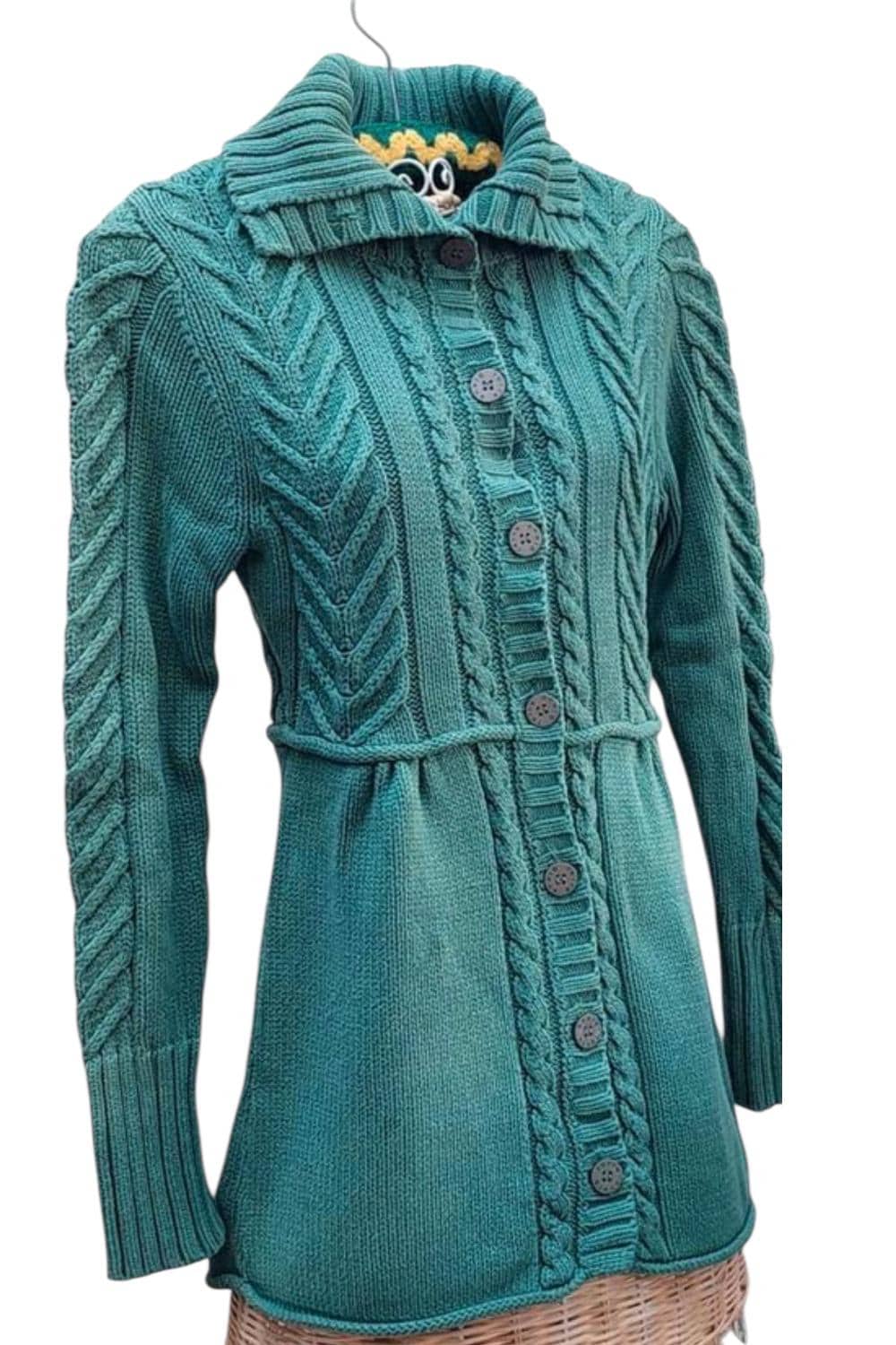Vintage Coquette 100% Cotton Cable-Knit Cardigan Sea-Green/Teal Button Front High Collar Longline Waist Tie Best fits M y2k Fashionable Art