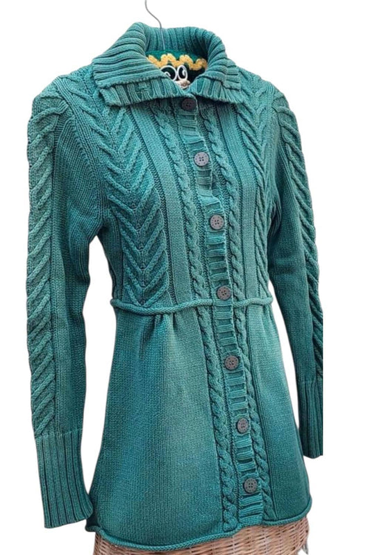 Vintage Coquette 100% Cotton Cable-Knit Cardigan Sea-Green/Teal Button Front High Collar Longline Waist Tie Best fits M y2k Fashionable Art