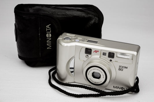 Vintage Minolta Zoom Compact Film Camera with Original Case Silver AF Autofocus Point & Shoot 38–80mm Perfect Gift for Photographers Decor